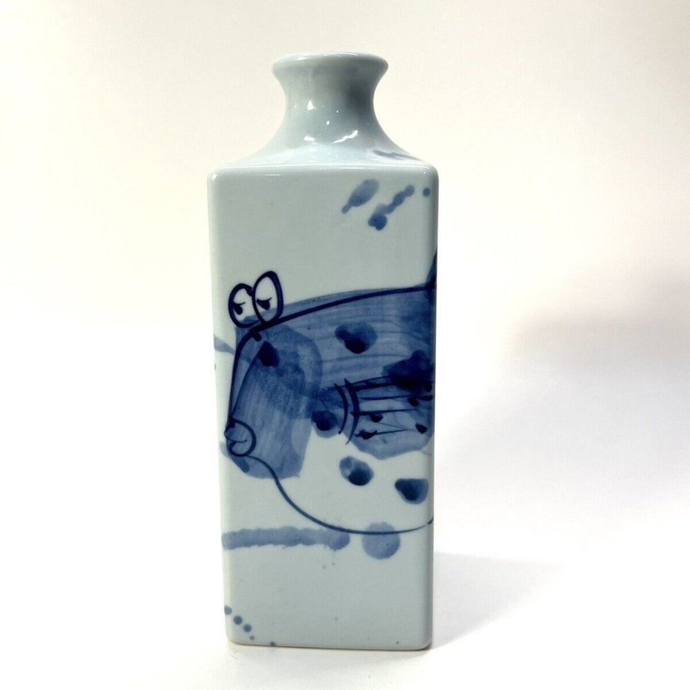 Adorable Vintage Signed Made in Japan Blue/White Hand-painted Fish Vase